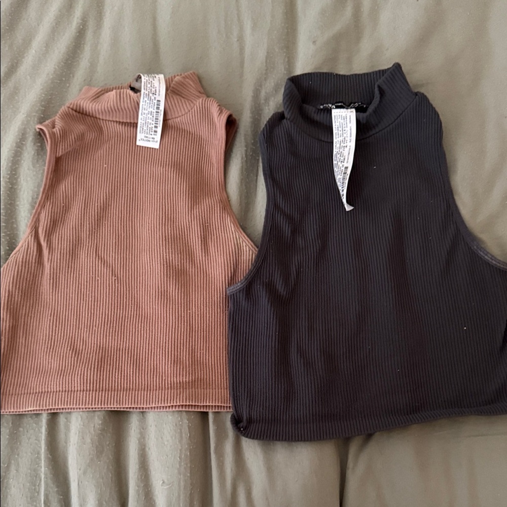 Zara Ribbed Mock Neck Crop Tops - Black and Brown